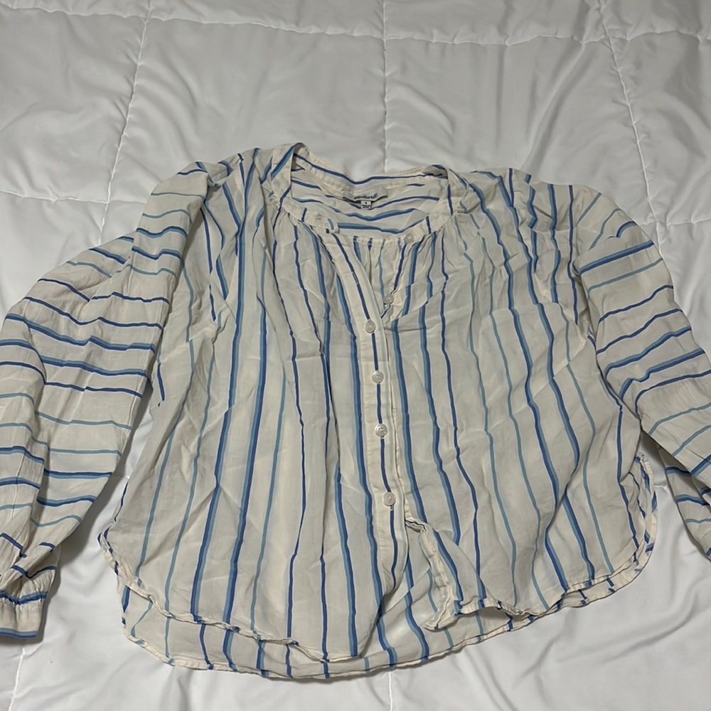 Striped cream and blue Madewell blouse top size small